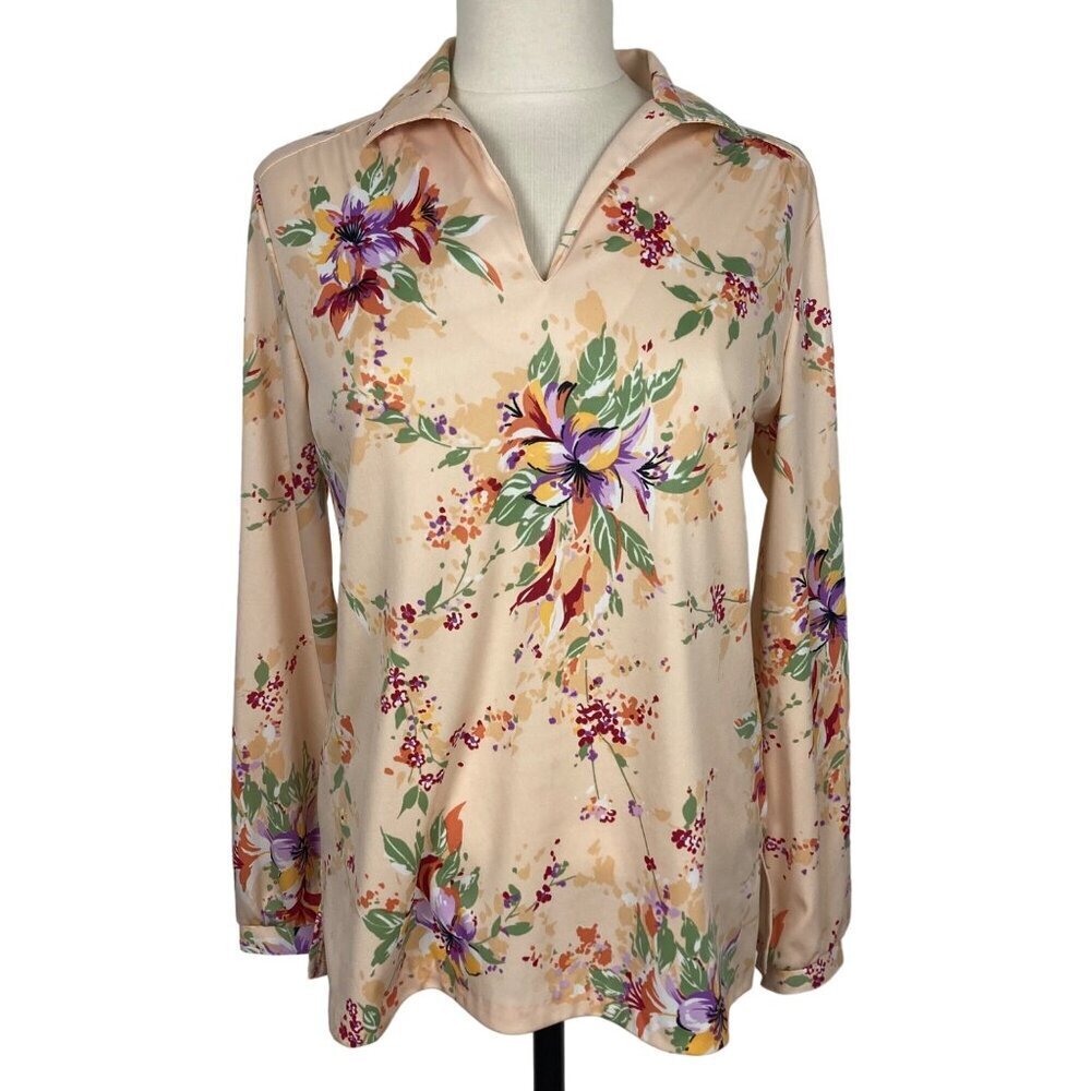Vintage 70s Ship n Shore Floral Blouse Pullover Womens 12 Peach Wide Collar